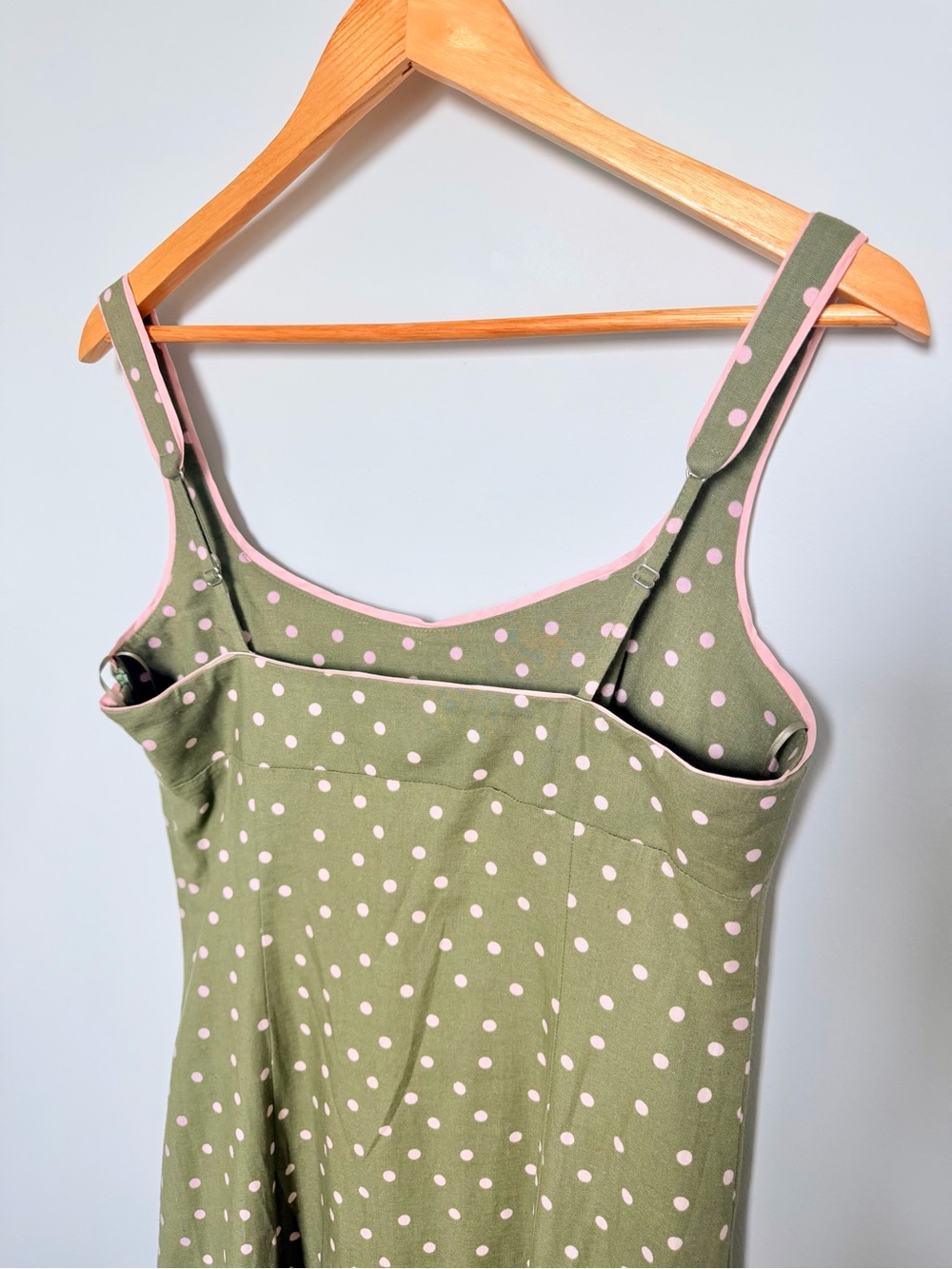 Linen Olive Green Polka Dot Midi Dress - Picture 9 of 10